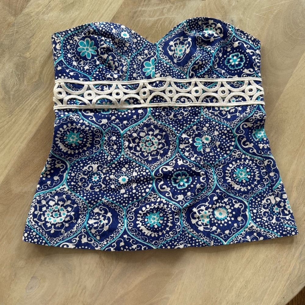 YTK Trina Turk Blue Strapless Sweetheart Mediterranean tile print 8